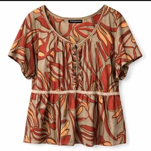 Penningtons Beige Abstract Print Top 16 | Empire Waist Boho Blouse